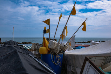 Fishing floats with yellow flags - obrazy, fototapety, plakaty