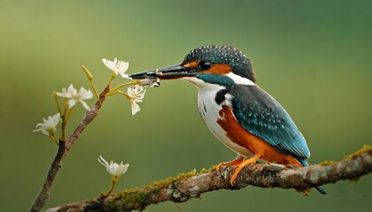 ringed kingfisher megaceryle torquata eating a branch in the wetlands in the north pantanal in brazil green background - obrazy, fototapety, plakaty