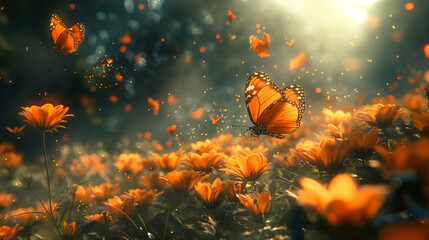 orange butterflies flying in the air over some flowers together and sunbeaming