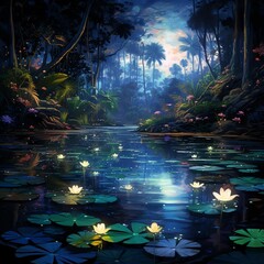AI generated illustration of a peaceful night scene of water lilies illuminated by a bright moon