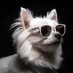 AI generated illustration of a white dog in sunglasses on a dark background