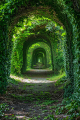 Fototapeta na wymiar A beautiful green nature tunnel formed by plants