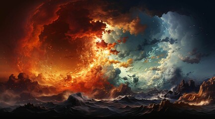 AI generated illustration of a stunning landscape featuring a beach with a vibrant orange sky