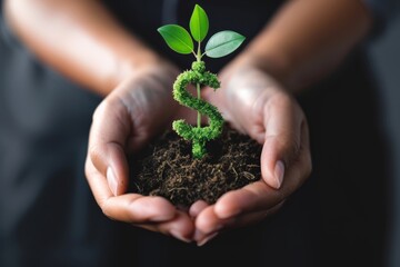 Hands nurturing a green dollar sign tree symbolizing financial growth and investment