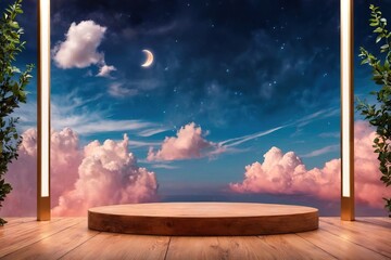 Product packaging mockup photo of Beautiful natural podium backdrop for displaying products with dreamy sky background, romantic scene., studio advertising photoshoot