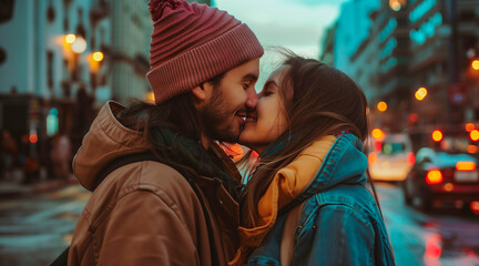 Affectionate couple sharing a tender kiss on city street