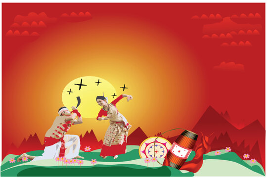 happy bihu social media poster template., Greeting background with gamosa, japi and pepa for north east Indian Assamese New Year or festival Bihu.
