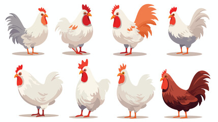 Hen and chickens isolated on white background 2d fl - obrazy, fototapety, plakaty