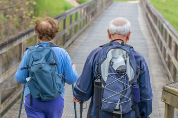 senior couple hiking outdoors in nature - 781171332