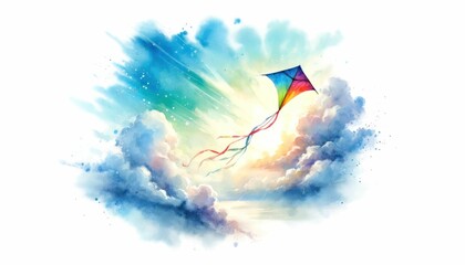 Watercolor painting depicting a multi-colored kite soaring high with streaming ribbons against a backdrop of sunny clouds, embodying freedom and joy.