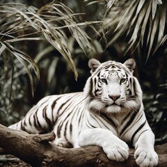 AI generated illustration of a white tiger relaxing under a tree branch