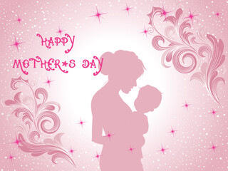 Mother and child Silhouette Floral Pattern Background For Mother's Day Concept.