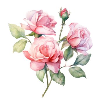 Bush rose pink flower watercolor illustration. Floral blooming blossom painting on white background