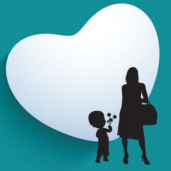 Happy Mothers Day background with silhouette of a mother and her child on heart shape background.