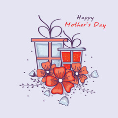 Happy Mother's Day! Greeting card with flowers, gift box, frame and place for your text.