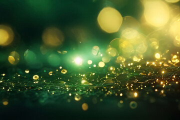 Abstract blur bokeh banner background. Gold bokeh on defocused emerald green background