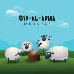Muslim Community, Festival of Sacrifice, Eid-Al-Adha Celebration with illustration of Sheeps and Butcher's Block on nature background, Vector illustration
