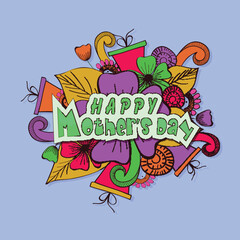 Happy Mother's Day poster or banner with colorful flowers and gifts on sky blue background.