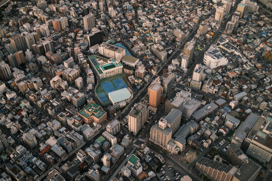 Aerial view of dense Tokyo cityscape at dusk