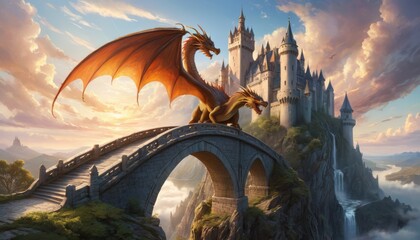 An imposing dragon spreads its fiery wings over a stone bridge leading to a fairytale castle, nestled among misty cliffs at sunrise. AI Generation - obrazy, fototapety, plakaty