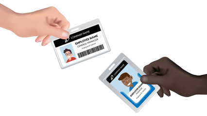 Hand Holding ID Card: Business ID Card with Realistic Badge Closeup. Vector.