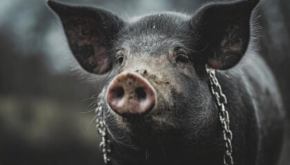 a close up of a pig with a chain around it s neck and a blurry background behind it