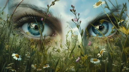 Deurstickers Hyper-realistic eyes embedded within a lush meadow, creating an optical illusion © Wirestock