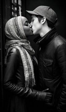 AI generated illustration of a guy kissing a Muslim woman in grayscale