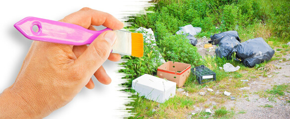 Illegal dumping with bottles, boxes and plastic bags abandoned in nature - concept image with hand and brush