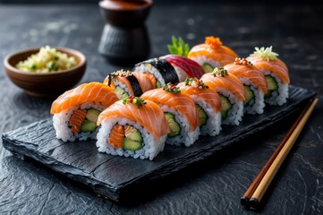 Sushi set on a black stone plate, Japanese food