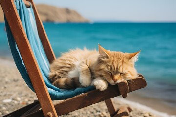 AI generated illustration of a cat napping on a beach chair in the sun - obrazy, fototapety, plakaty
