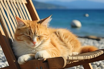 AI generated illustration of a cat napping on a beach chair in the sun