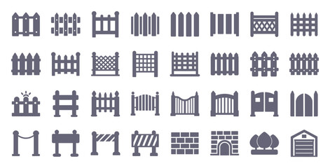 Fence glyph flat icons. Vector solid pictogram set included icon as brick gate, wire mesh fence, garden gateway, roadblock silhouette illustration for barrier.