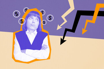 3d creative artwork template collage of sad entrepreneur girl look unhappy arrows point down bankrupt crisis fantasy billboard comics zine