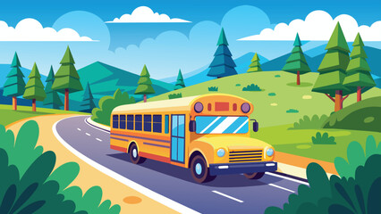 Colorful school bus on city street, Educational transport vector cartoon illustration.