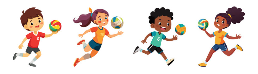 Children playing Volleyball, lively vector cartoon illustration. Kids in Action with Volleyball, energetic sports-themed drawing.