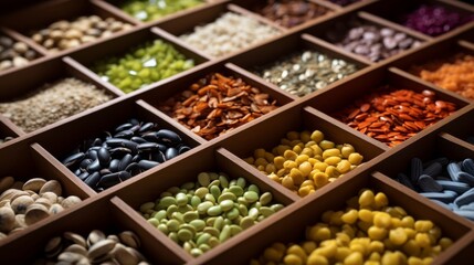 Assorted seeds neatly arranged in a colorful display