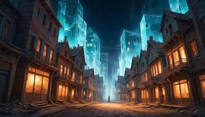 A fantasy artwork showing an old city street at night under the glow of ethereal blue lights and a solitary figure's silhouette.. AI Generation - obrazy, fototapety, plakaty