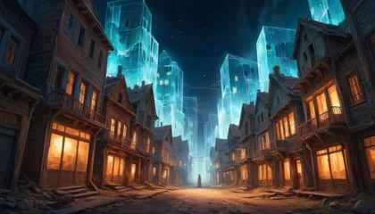 Foto op Plexiglas A fantasy artwork showing an old city street at night under the glow of ethereal blue lights and a solitary figure's silhouette.. AI Generation © Anastasiia