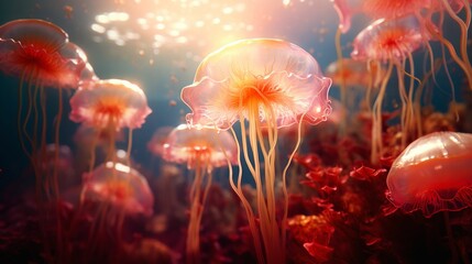 Group of jellyfish floating in an illuminated tank of ocean water, AI-generated. - obrazy, fototapety, plakaty