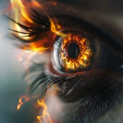 AI generated illustration of a flaming eye with fire emanating from the iris