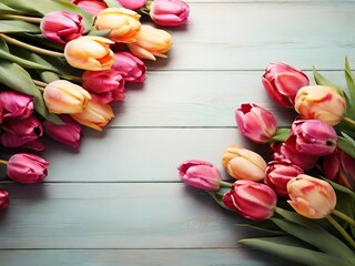 Bouquet of pink and yellow tulips on a blue wooden background - 781173132