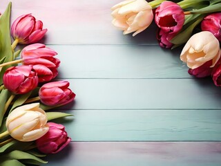 Beautiful tulips on wooden background, top view. Space for text - 781173140