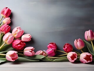 Bouquet of pink tulips on a gray wooden background. - 781173153