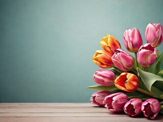 Bouquet of tulips on a wooden table and green background - 781173174