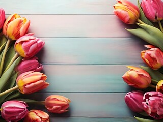 Beautiful tulips on wooden background, top view. Space for text - 781173188