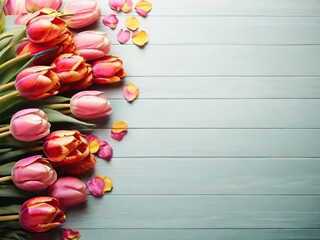 Beautiful tulips on light blue wooden background, top view. Space for text - 781173191