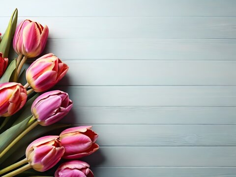 Bouquet of tulips on a blue wooden background. Top view.