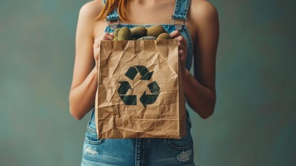 a woman holding a shopping bag with green and brown items - obrazy, fototapety, plakaty