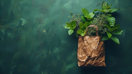 a paper bag with herbs in it hanging from the handle